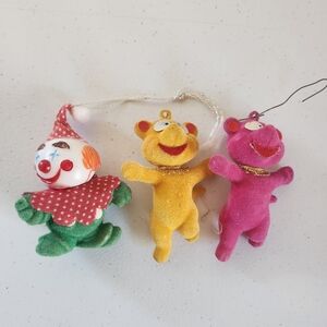 Vintage Flocked Bear Christmas Tree Ornament Lot Clown MCM 60s 70s Kitsch